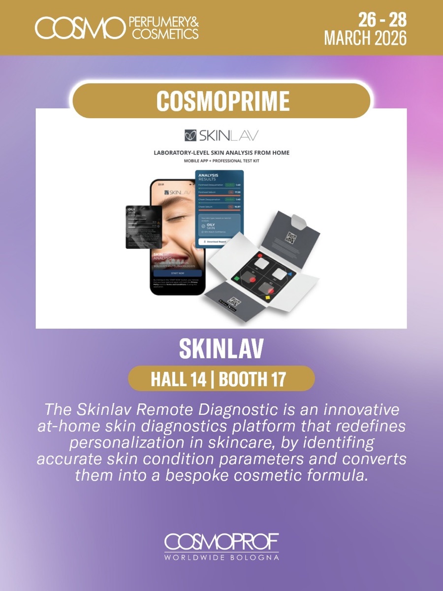 Cosmoprof Worldwide Bologna 2026 COSMOPRIME poster for Skinlav: the mobile app and the professional test kit, Hall 14, Booth 17.